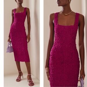 MARA HOFFMAN Sloan Popcorn Smocked Bodycon Berry Pink Midi Dress Size XXS